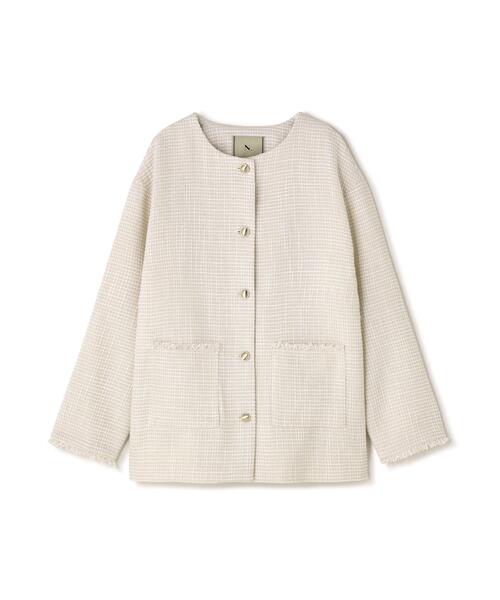 N．ナチュラルビューティー　ノーカラーツイードジャケット　ブルゾン　ホワイト N. Natural Beauty Basic*｜パイピングノーカラーツイードブルゾン