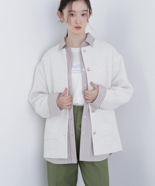 美品 BEAUTY&YOUTH コットンツイードノーカラージャケット オフ白 M 通勤対応》コットンツイードジャケット（ノーカラージャケット