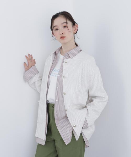 N．ナチュラルビューティー　ノーカラーツイードジャケット　ブルゾン　ホワイト N.Natural Beauty Basic（エヌ ナチュラルビューティーベーシック