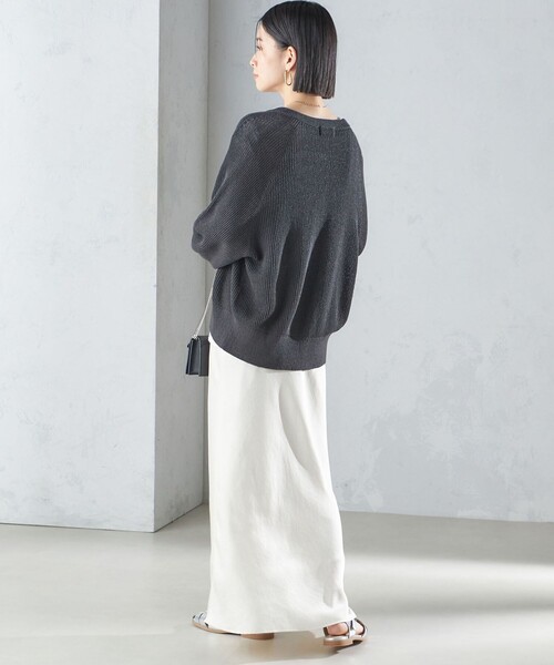 新品☆5L♪白黒スキッパーシャツ＆薄手カーディガンまとめて♪〇L221 L】コットンリネンカラミストライプ 7分袖スキッパーシャツ(54648251