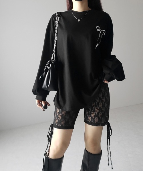 me+em select パンツ ストラップサイドリボンレースバイカー