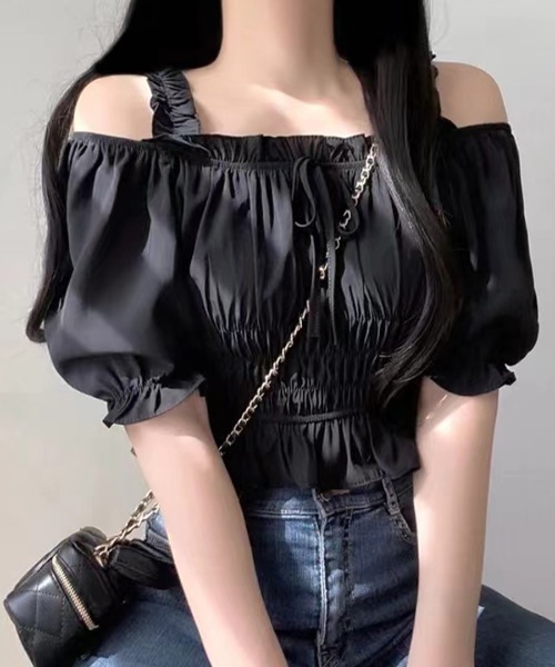 REMUR ブラウス シャツ オフショルダーシャーリングトップス