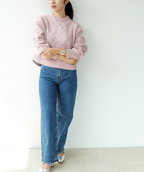 ニット セーター ポンポン編みクルーネックニット レディース Jines ニット セーター ポンポン編みクルーネックニット