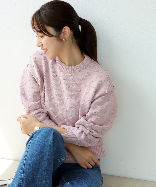ニット セーター ポンポン編みクルーネックニット レディース Jines ニット セーター ポンポン編みクルーネックニット