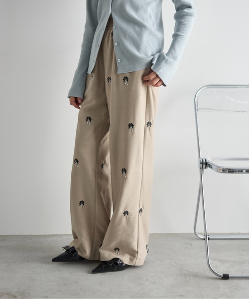 パンツ yon THE Yon スラックス パンツ ビーズ刺繍イージーパンツ