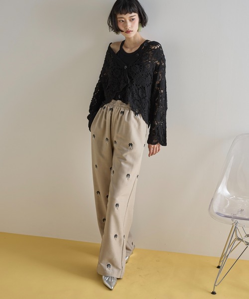 ◆送料・関税込み◆Sea N.Y お花ビーズ刺繍入サイドリボンパンツ THE Yon スラックス パンツ ビーズ刺繍イージーパンツ