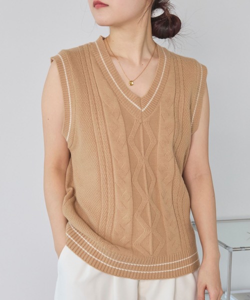 LinoU. ベスト ジレ Vネック配色ラインニットベスト レディース
