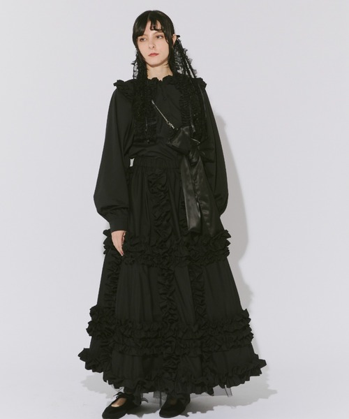 【美品】PERNA ギャザーフリルブラウス　黒 ブラック PERNA ブラウス シャツ ギャザーフリルブラウス レディース