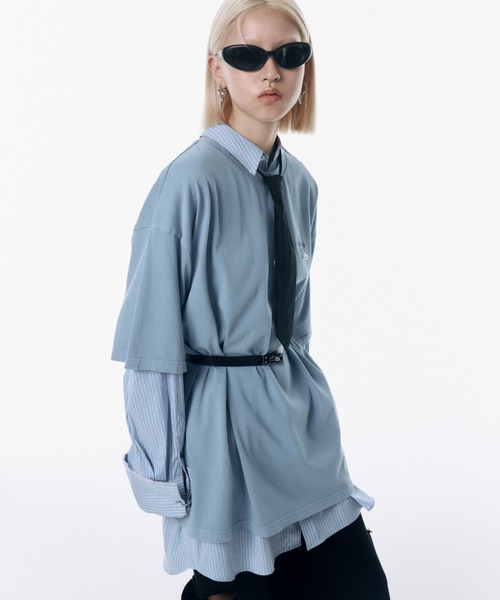 ブラウス シャツ Stripe Over Shirts レディース MINERTE ブラウス シャツ 「MINERTE」layered stripe shirt