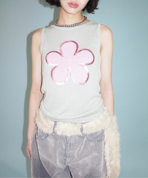 タンクトップ ノースリーブ flower motif spangle sleeve-less NT / スパンコールフラワーニット レディース