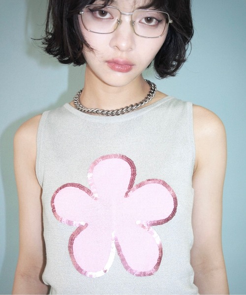 タンクトップ ノースリーブ flower motif spangle sleeve-less NT / スパンコールフラワーニット レディース セール】flower motif spangle sleeve-less NT / スパンコール