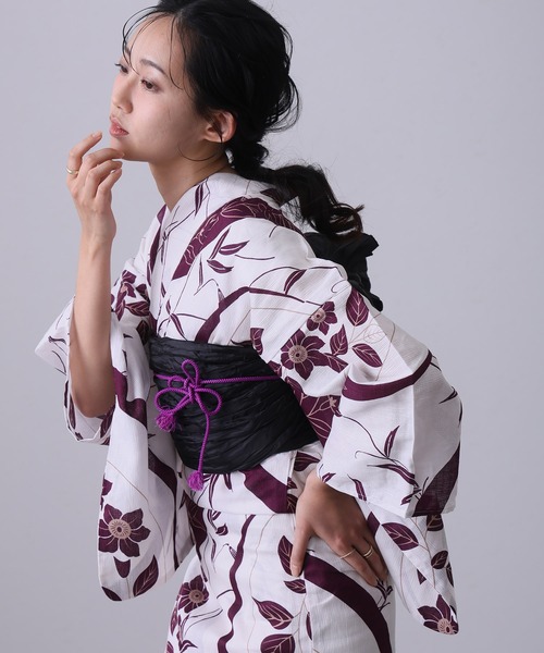 浴衣 大人浴衣2点セット洗える 綿麻帯 兵児帯 女性 黒 選べる シック レトロ モダン 上品 花柄 紫陽花 睡蓮 金魚 花火 レディース_9