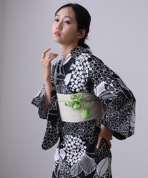 yulie 浴衣 大人浴衣2点セット洗える 綿麻帯 兵児帯 女性 黒