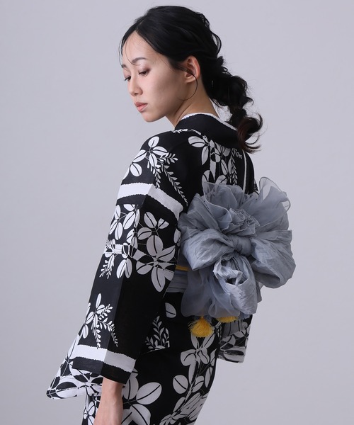 yulie 浴衣 大人浴衣2点セット洗える 綿麻帯 兵児帯 女性 黒 選べる