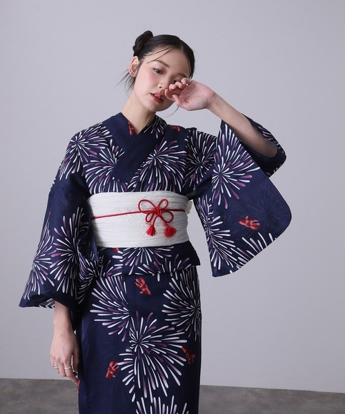 yulie 浴衣 大人浴衣2点セット洗える 綿麻帯 兵児帯 女性 黒