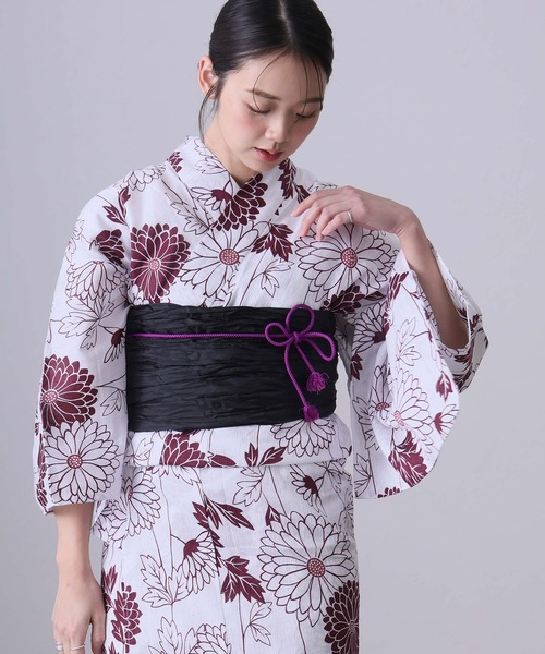 yulie 浴衣 大人浴衣2点セット洗える 綿麻帯 兵児帯 女性 黒