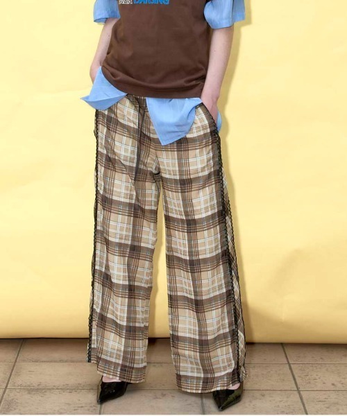 maison special チェックパンツ MAISON SPECIAL パンツ Side Pico Lace Sheer Plaid Pants