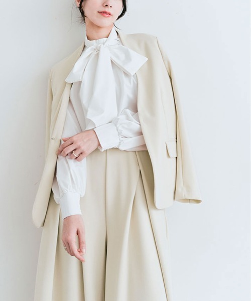 sirone コットン　ノーカラージャケット　ベージュ　美品 ジャケット ノーカラー 七分袖 ベージュ レディース(M ベージュ