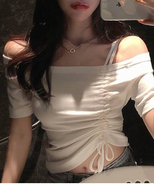 onum tシャツ アシメオフショルドロストトップス/ドローストリング肩