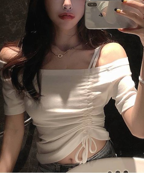 onum tシャツ アシメオフショルドロストトップス/ドローストリング肩