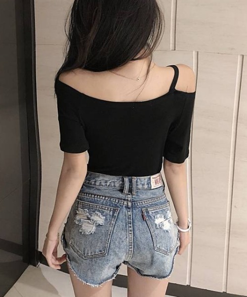 onum tシャツ アシメオフショルドロストトップス/ドローストリング肩