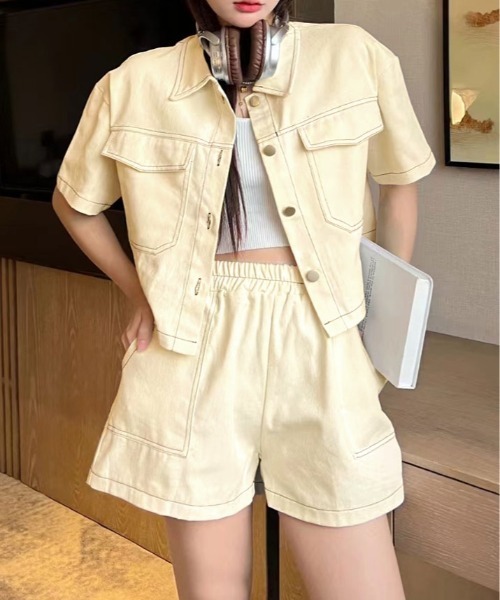 セットアップ ステッチ 半袖 シャツ ジャケット+ショートパンツ