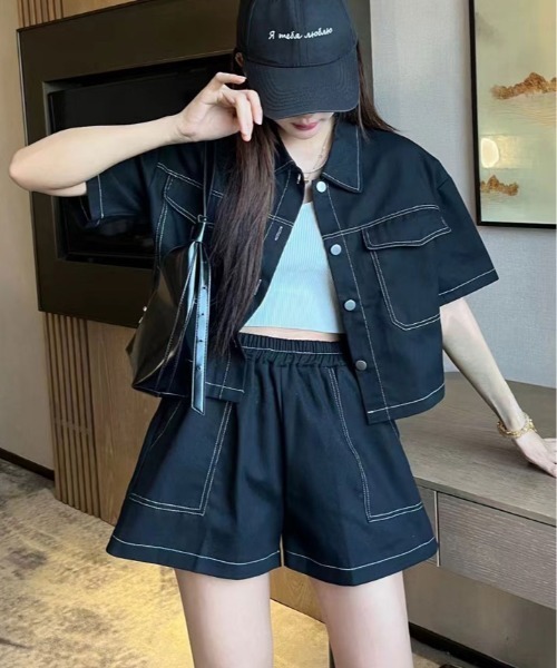 DALPONTE ネイビー 半袖・長袖シャツとショートパンツセット セットアップ ステッチ 半袖 シャツ ジャケット+ショートパンツ
