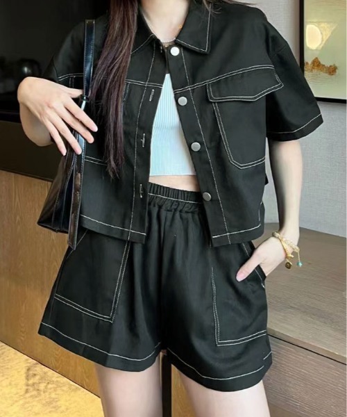 セットアップ ステッチ 半袖 シャツ ジャケット+ショートパンツ