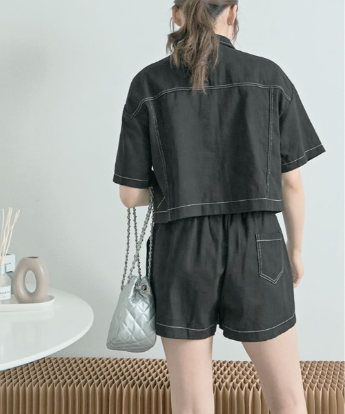 セットアップ ステッチ 半袖 シャツ ジャケット+ショートパンツ