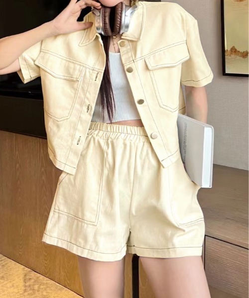 セットアップ ステッチ 半袖 シャツ ジャケット+ショートパンツ