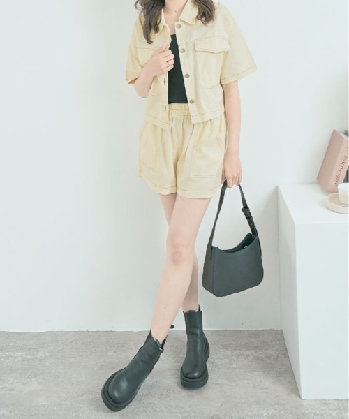 セットアップ ステッチ 半袖 シャツ ジャケット+ショートパンツ