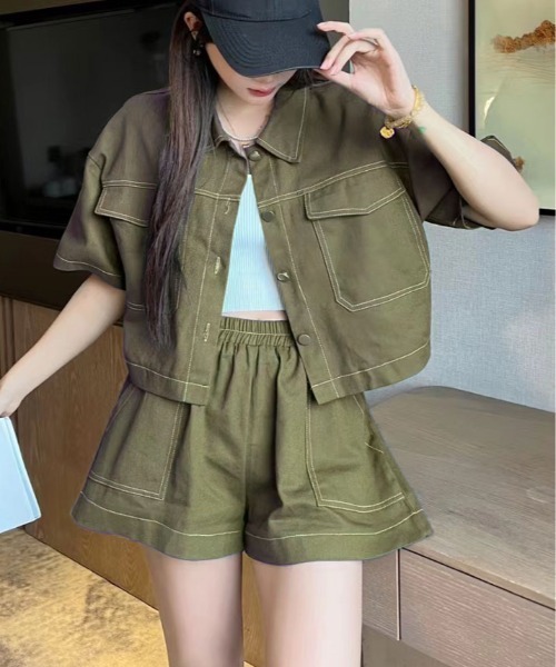 セットアップ ステッチ 半袖 シャツ ジャケット+ショートパンツ
