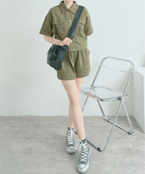 セットアップ ステッチ 半袖 シャツ ジャケット+ショートパンツ