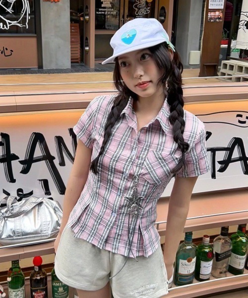 VIBGYOR ブラウス シャツ 「LAMPOON」ピンクチェックシャツ レディース