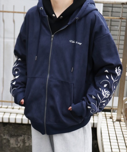 WESTSEA（ウエストシー） パーカー 裏起毛 カットスウェード 袖 薔薇
