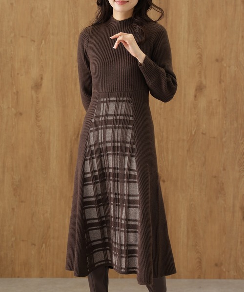 チェック柄ニットロングワンピース Lace Ladies（レースレディース） ワンピース オフネック 配色