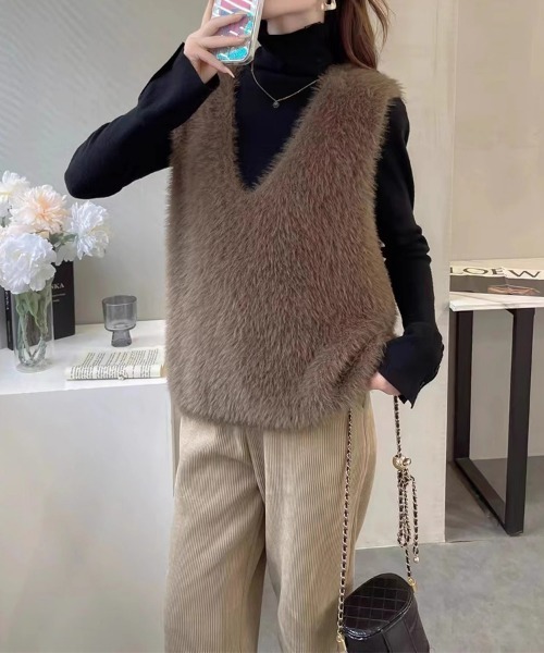 SEU ベスト ジレ ファーベスト Vネック シャギーニットベスト オフィス