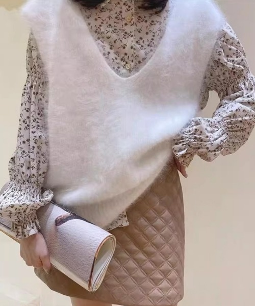 SEU ベスト ジレ ファーベスト Vネック シャギーニットベスト オフィス