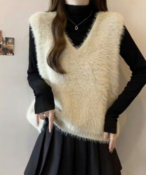 SEU ベスト ジレ ファーベスト Vネック シャギーニットベスト オフィス