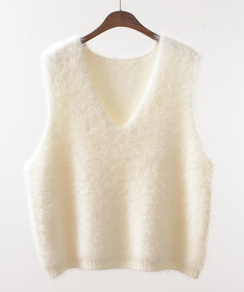 SEU ベスト ジレ ファーベスト Vネック シャギーニットベスト オフィス