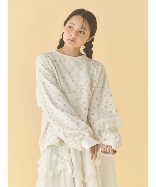 フラワーレーススリーブスウェット Khaju:フラワーレーススリーブスウェット white◇（スウェット