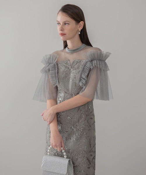 Leja フリルショルダーストーンIラインドレス セール】【LEJA】フリルショルダーストーンIラインドレスワンピース