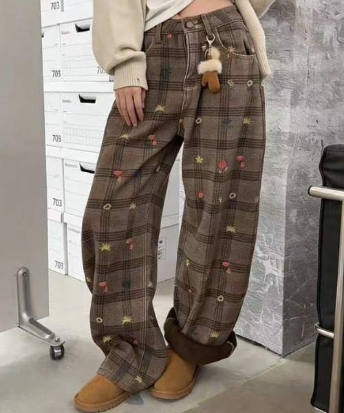 AsRiRe ワイドパンツ パンツ 26ss 花ししゅう/チェック柄ワイド