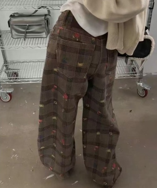 AsRiRe ワイドパンツ パンツ 26ss 花ししゅう/チェック柄ワイド