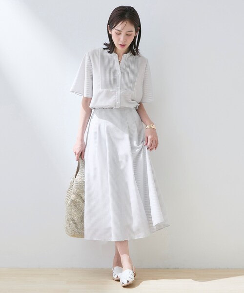 スカート 「接触冷感／洗える／SETUP可能」シアーシャンブレータックフレアスカートの画像