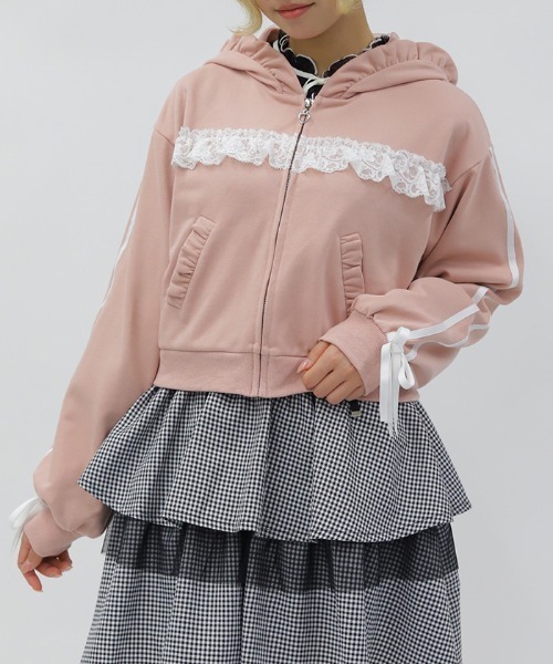 axes femme POETIQUE カーディガン ライン使レースフリルパーカー