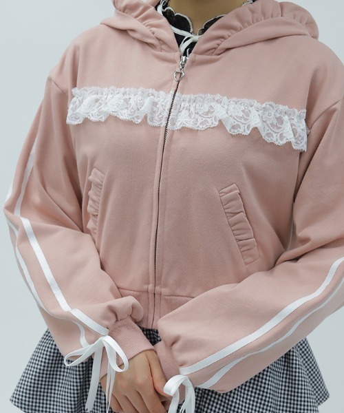 axes femme POETIQUE カーディガン ライン使レースフリルパーカー