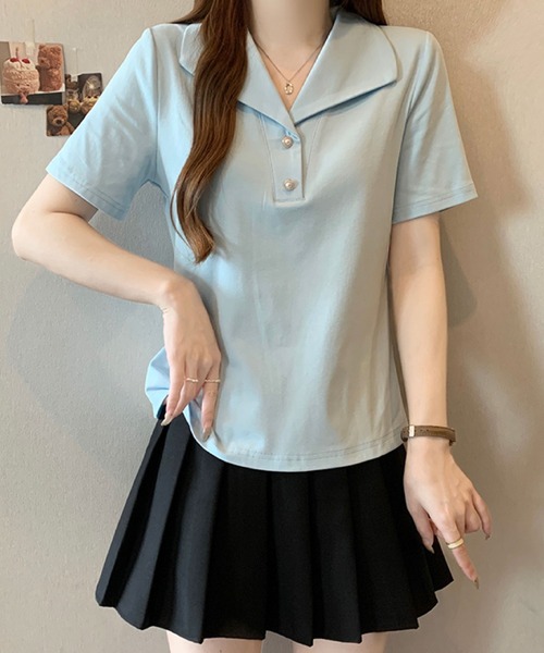 2ly2 tシャツ 半袖 セーラーカラー風ポロトップス / ボタンデザイン