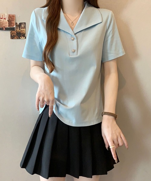 2ly2 tシャツ 半袖 セーラーカラー風ポロトップス / ボタンデザイン
