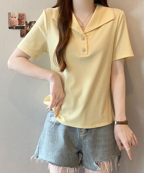 2ly2 tシャツ 半袖 セーラーカラー風ポロトップス / ボタンデザイン 